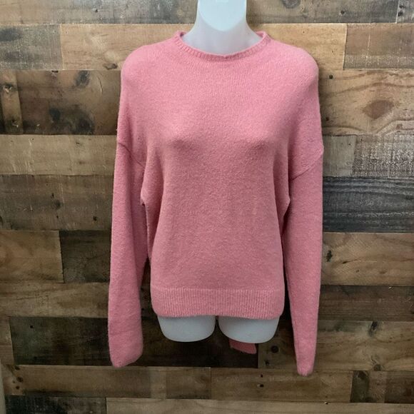WAYF Sweater Pullover Crew Neck Pink Blush Bow Tie Ribbed Hem Women Size Medium - Picture 12 of 12